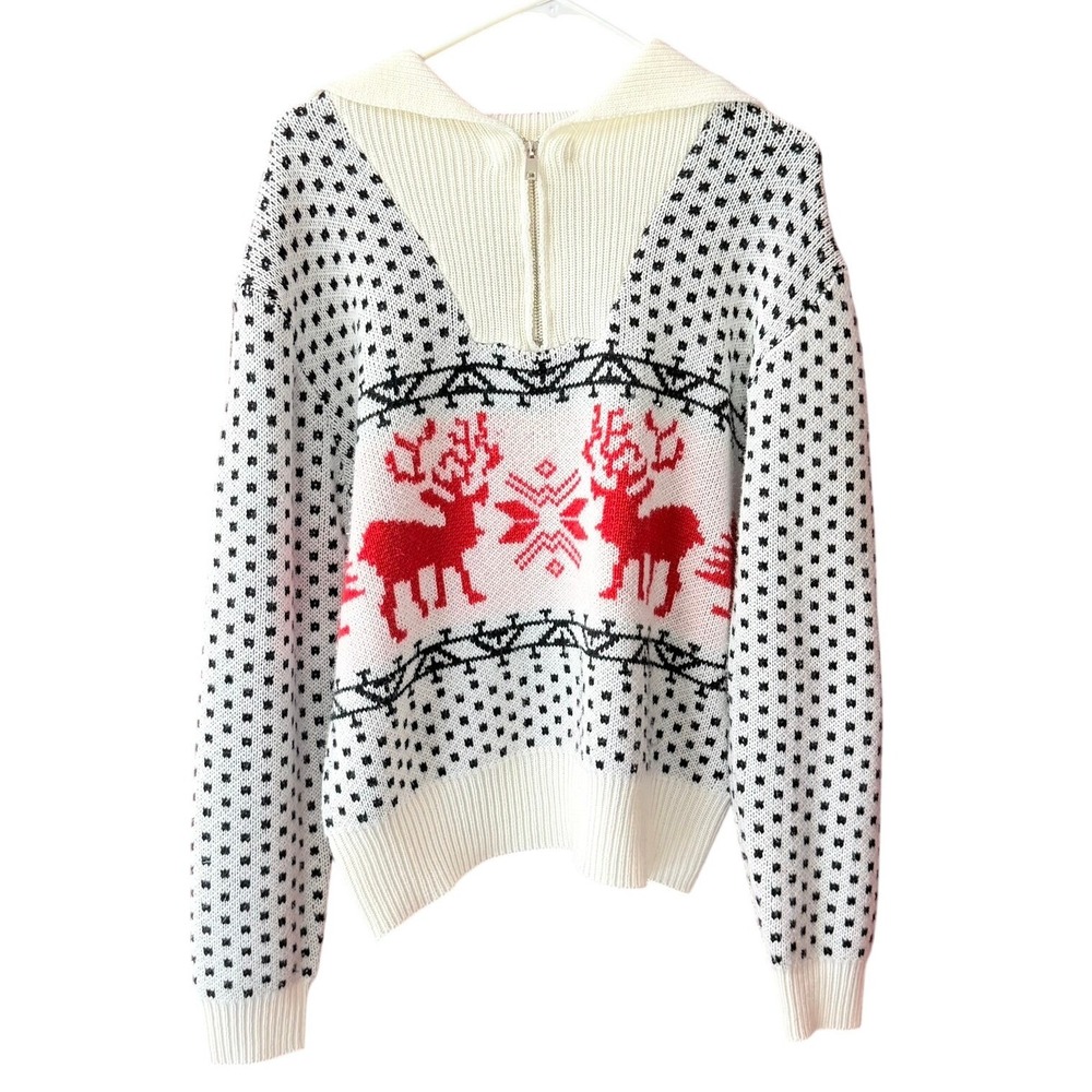 Shein‎ Women's Med Reindeer Fair Isle Quarter Zip Sweater White Red Holiday Knit
